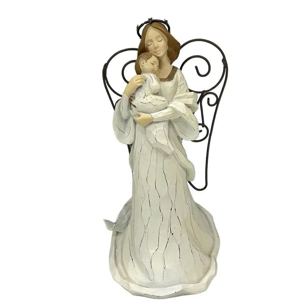 American Greetings White Gold Sculpture of Mother Mary and Baby Jesus Wire Wings